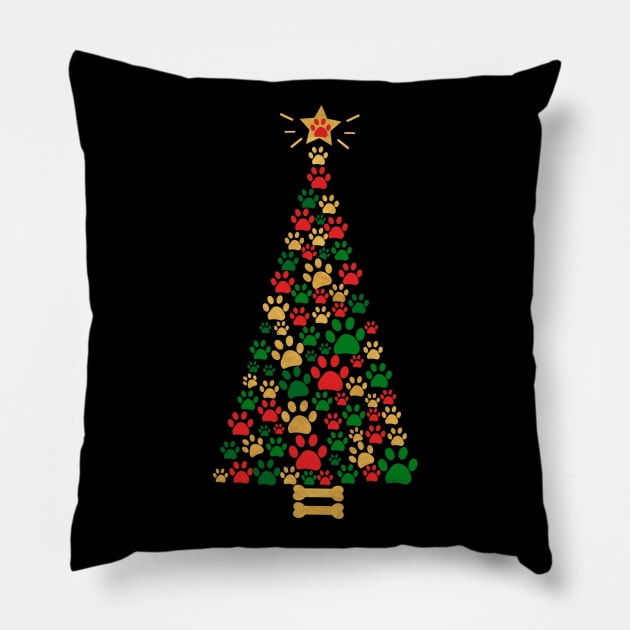 Dog Lovers Cute and Funny Dog Paws Prints Christmas Tree Pillow by Dibble Dabble Designs