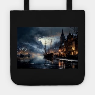 Oil Painting of a Fishing Village Along a River in Winter Tote