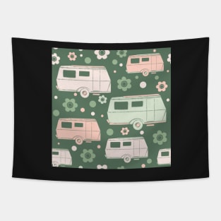 Green And Pink Vintage Caravans and Flowers Pattern Tapestry