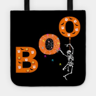 boo with skeleton and spiders in halloween Tote