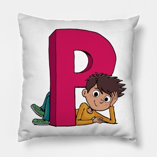 boy lies next to the capital letter P Pillow