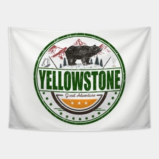 Yellowstone the Great Adventure round design with a bear, geyser, and waterfall Tapestry