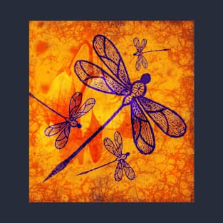 Navy-blue dragonflies on vivid orange T-Shirt