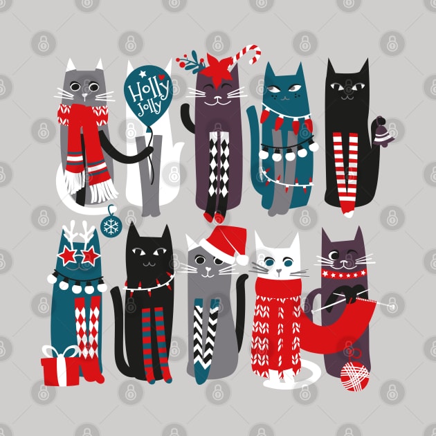 Feline Christmas vibes // print // grey background grey green white purple beet and black kittens by SelmaCardoso