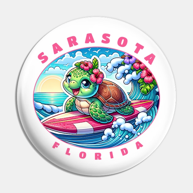 Sarasota Florida Girls Cute Surfing Sea Turtle Pin by grendelfly73