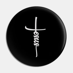 Jesus with cross white text Pin