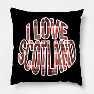 I LOVE SCOTLAND Red, Black and White Tartan Colour Typography Design Pillow