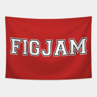 "FIGJAM" in white college sports jersey font with black outline - Aussie slang FTW Tapestry