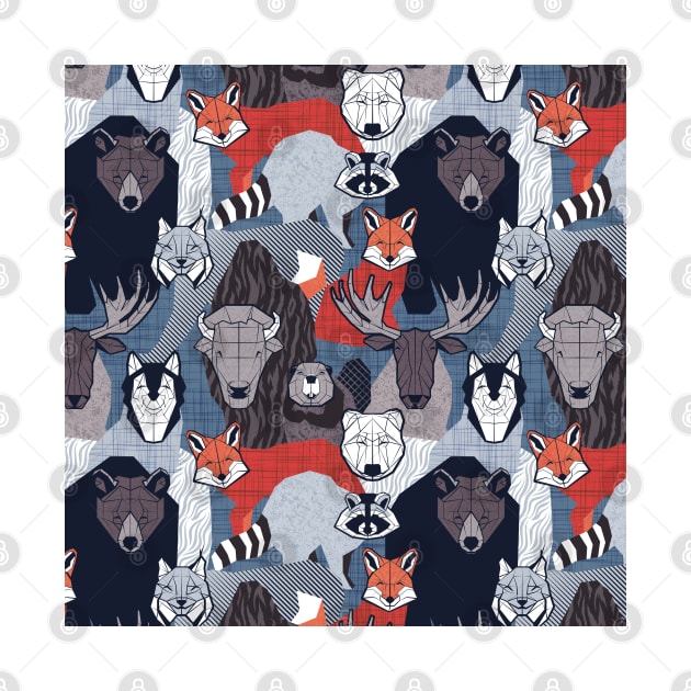 Canadian wild geometric animals // blue background brown bear bull moose beaver bison grey lynx black and white raccoon bear wolf red foxes by SelmaCardoso