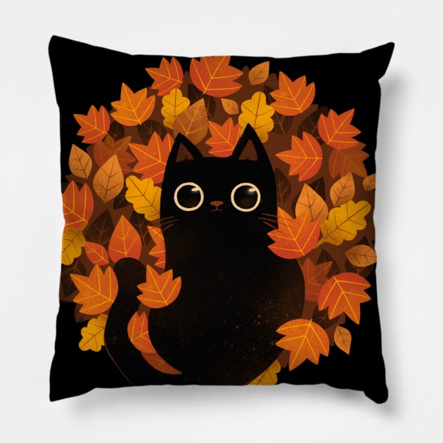 Cat and Autumn leaves! Pillow by rikolaa