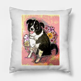 Border Collie with flower boquet.  Mixed Media. Pillow