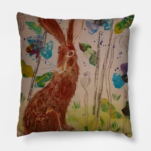 Hare among Blue Poppies Collage Pillow