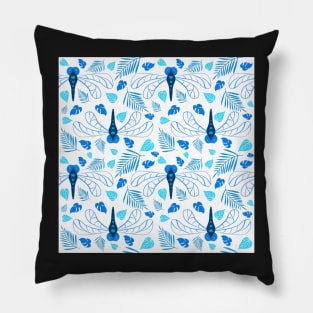 Bright Blue Dragonfly and Leaf Pattern on White Pillow