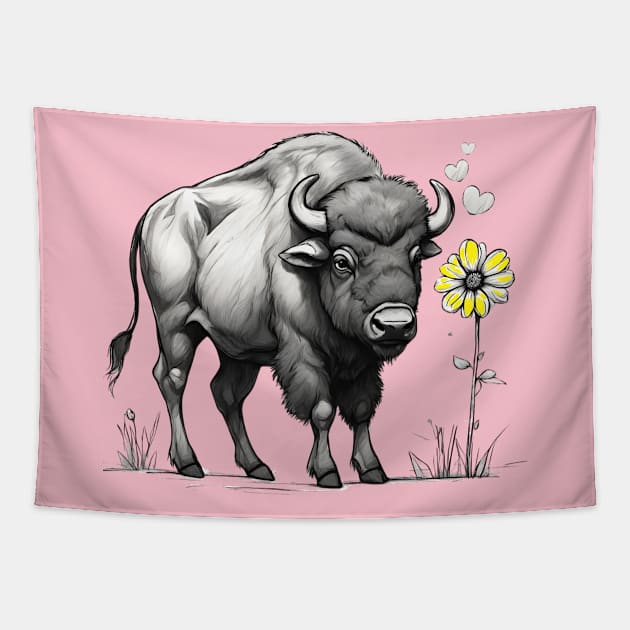 Buffalo in love with flower western American west animal Tapestry by BigMRanch