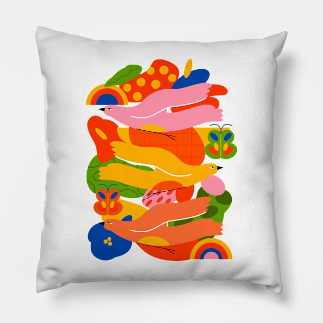 Birds Butterflies Colorful Hand Drawn Pillow by Mako Design 