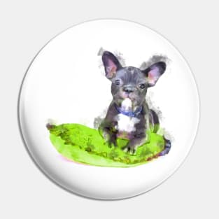 Cute Black And White Bulldog Puppy On A Green Cusion Digital Portrait Pin