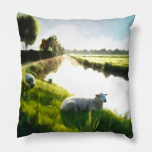 He makes me lie down in green pastures Painting Pillow