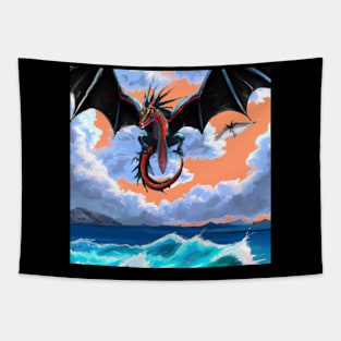 Dragon over ocean anime Tapestry