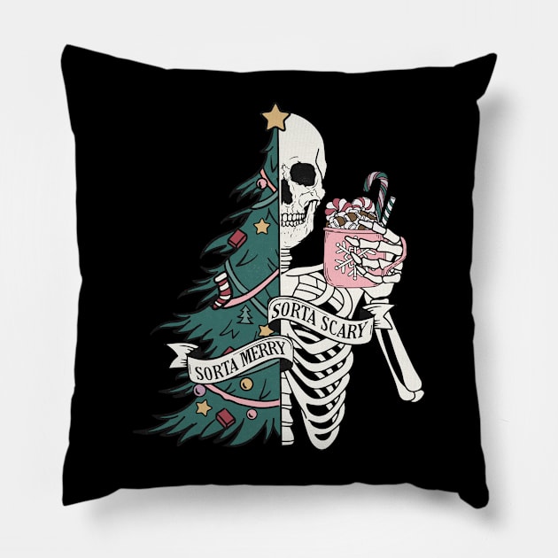 "Sorta Scary Sorta Merry" Christmas Skeleton Pillow by FlawlessSeams