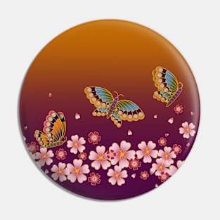 Japanese Butterflies Over Sakura Blossoms (Gold & Plum) Pin