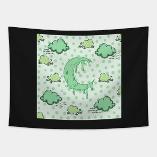 melting crescent moon cloud night green polka dots Tapestry