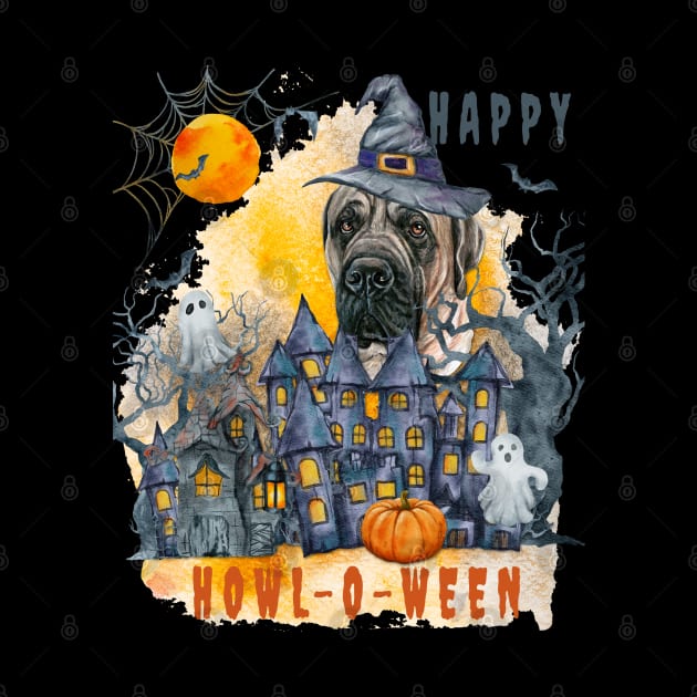 English Mastiff Happy Howl-o-ween Ghost Houses Funny Watercolor by Sniffist Gang