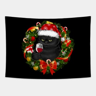 Funny Black Cat And Wine Christmas Wreath Ornament Tapestry