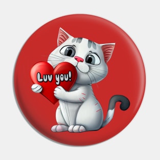 Cat with Luv you! Heart - funny illustration for cat lovers Pin