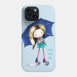 Cute girl in the rain with an umbrella Phone Case