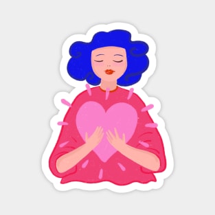 Blue hair girl with big pink heart Magnet