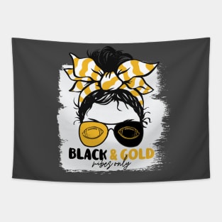 Black and Gold Vibes Only Football Mom Messy Hair Gameday Tapestry