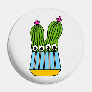 Cute Cactus Design #288: Potted Cacti Couple With Flowers Pin