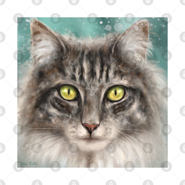 Painting of a Grey and White Fluffy Cat with Gorgeous Green Eyes by ibadishi