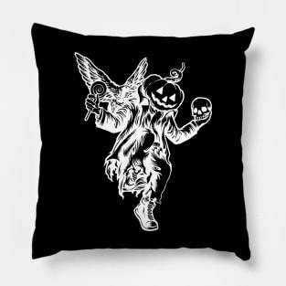 Punk Jack O Lantern Dancing Halloween Pumpkin with Crow White Pillow