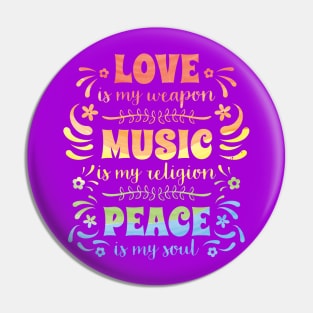 Hippie T-Shirt: Love, Music & Peace Pin