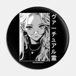 Stylish Japanese Girl Anime Black and White Manga Aesthetic Streetwear Pin