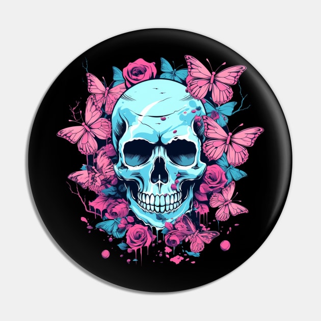 Butterfly Skull with Flowers and Pink Roses Pin by TOKEBI