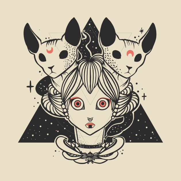 Geisha With Two Sphynx Cats And Snake