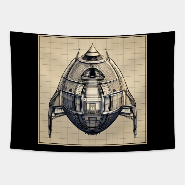 Retro Spaceship Design plan drawing Tapestry by LittleBean