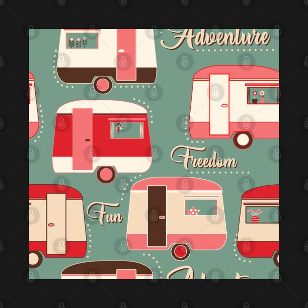 Repeat pattern of cute vintage caravans in retro colours pinks on teal by NattyDesigns