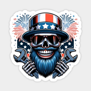 USA Patriotic Bearded Skull Mechanic American Flag 4th of July Independence Day Smiling Skull Magnet