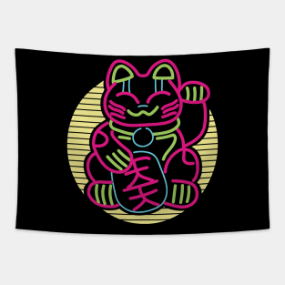 Japanese Maneki Neko Lucky Cat Retrowave Tapestry