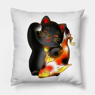 Right paw black maneki neko lucky cat with fish Pillow