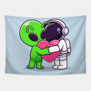 Cute Astronaut And Alien Hug Love Heart Cartoon Tapestry