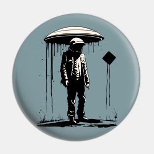 Black Cube Astronaut Flying Saucer Surreal Pin