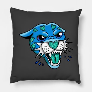 American Traditional Panther Tattoo with Hearts, Blue and Teal, with Sparkles and glitter cute gift Pillow