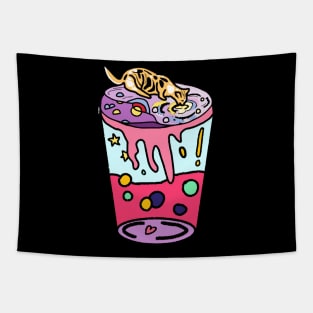 Aesthetic Cat Drinking Boba Milk on Beautiful Land (Pink) Tapestry