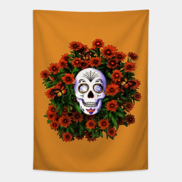 Marigold Sugar Skull Day Of The Dead Tapestry by 2HivelysArt