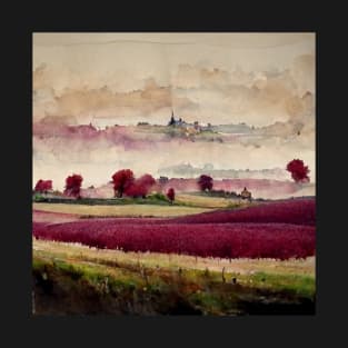 Watercolor Painting Landscape of Burgundy Fields T-Shirt