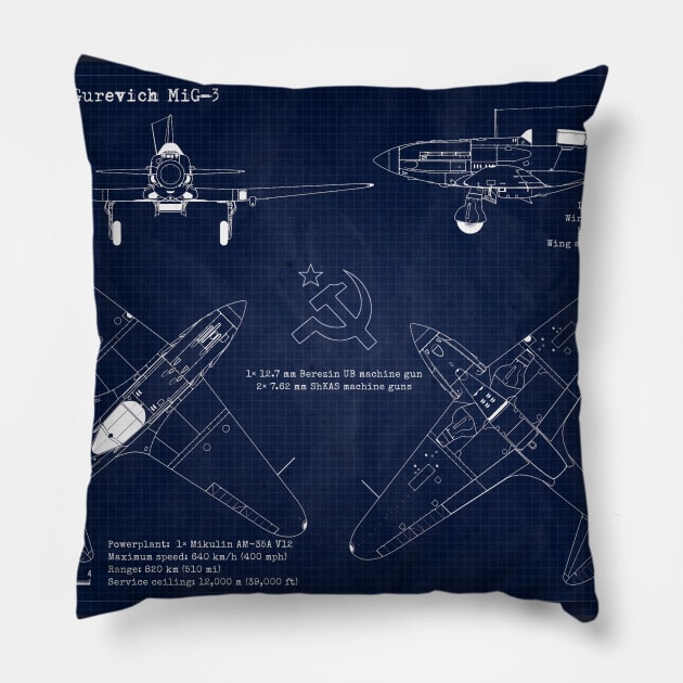 Mig3 CCCP Blueprint Pillow by Aircraft.Lover